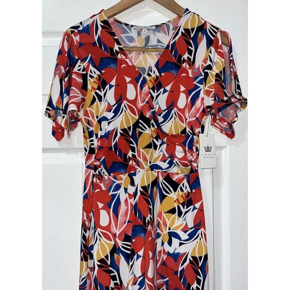 Chauss Women’s Red‎ Floral Faux Wrap Dress Size Small 4-6 - Picture 3 of 9